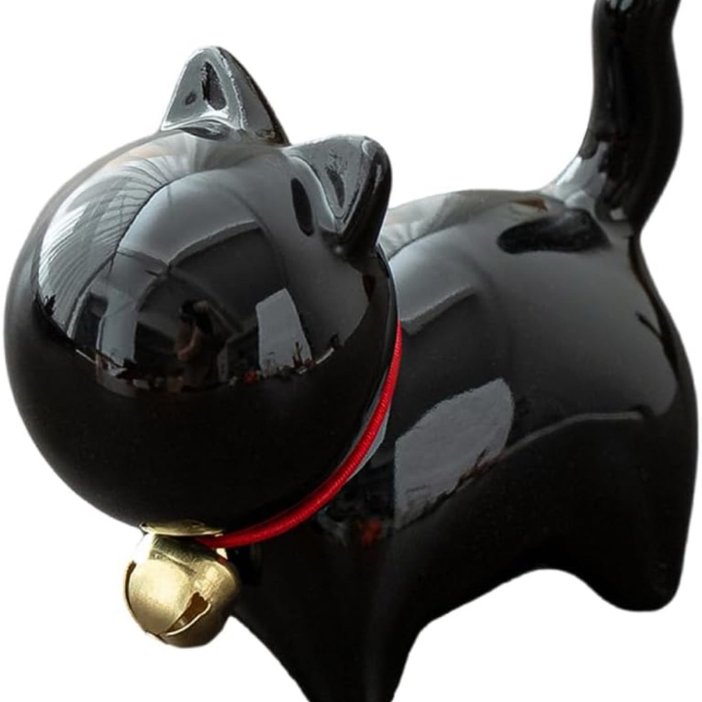 Black Ceramic Cat Figurine with Bell